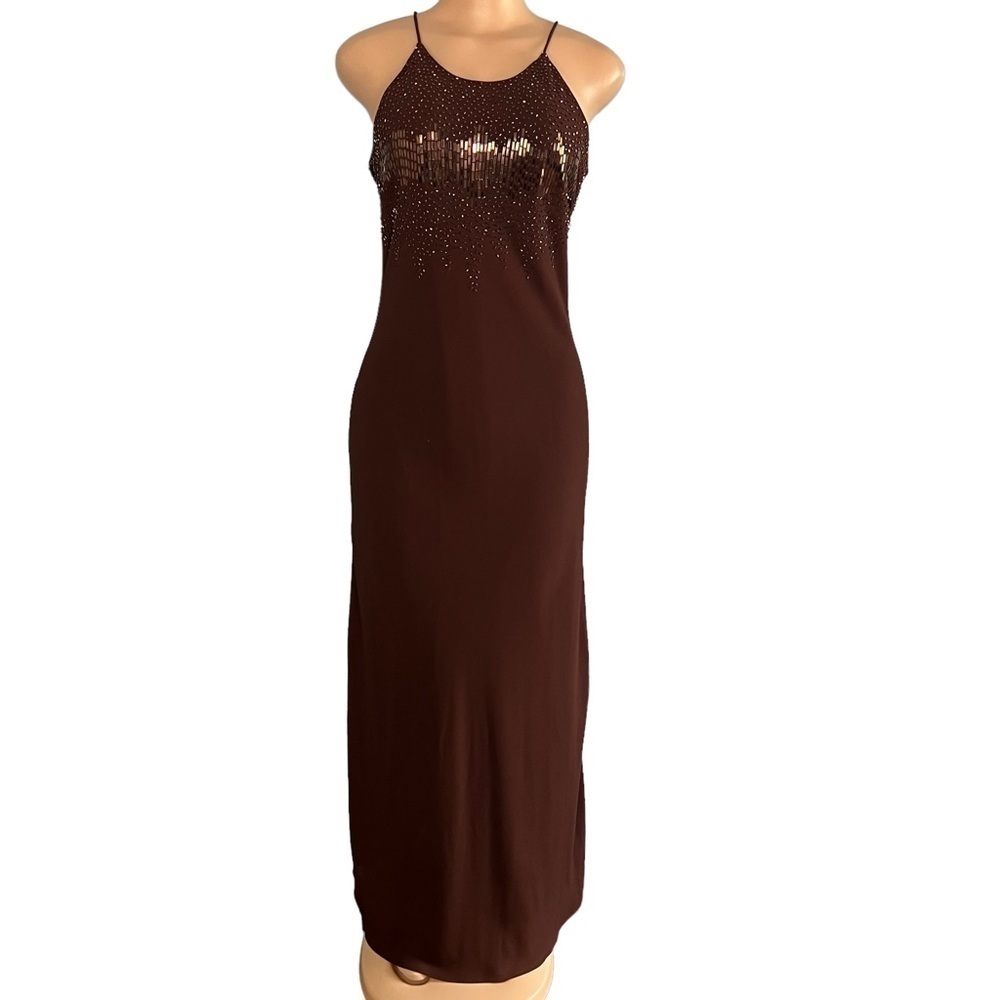 Cachet Vintage Brown Beaded Maxi Gown Dress